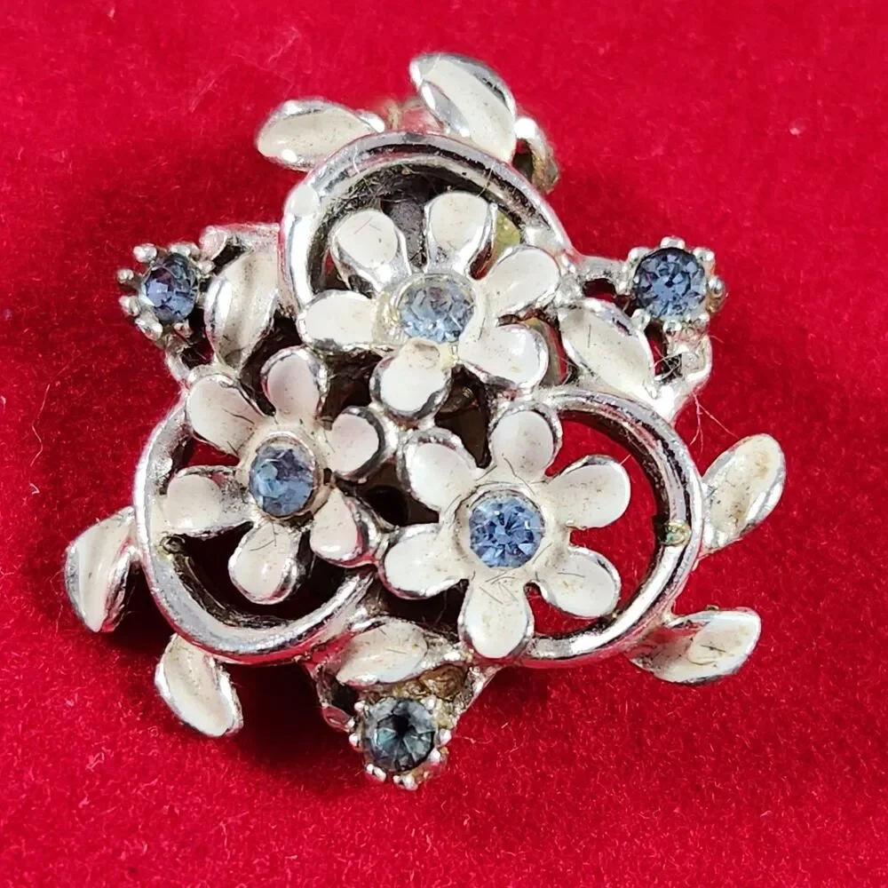 Vintage Enamel Flower and Blue Stone Silver Tone Clip on Earrings Floral